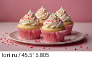 Festive cupcakes, baked with pastry sprinkles on a pink background with sequins, ideal for romantic celebrations. Valentine's Day, wedding. Стоковое AI-изображение, AI-художник Photojuli / Фотобанк Лори