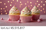 Festive cupcakes, baked with pastry sprinkles on a pink background with sequins, ideal for romantic celebrations. Valentine's Day, wedding. Стоковое AI-изображение, AI-художник Photojuli / Фотобанк Лори