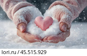 Women's hands in warm mittens hold a pink heart. Snow is falling. Valentine's Day and World Health, Love and Family Insurance Day. Стоковое AI-изображение, AI-художник Photojuli / Фотобанк Лори