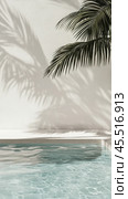 Reflections of palm shadows on tranquil water in an elegant outdoor setting. Стоковое AI-изображение, AI-художник Юлия Гапеенко / Фотобанк Лори