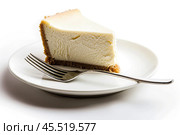 Delicious Slice of Creamy Cheesecake Delightfully Presented on a Plate. Sweet dessert. Close-up. Indulge in a tempting slice of rich cheesecake, featuring a delightful and crumbly graham cracker crust. Стоковое AI-изображение, AI-художник Марина Демидюк / Фотобанк Лори