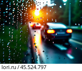 Raindrops cling to the surface of car glass, distorting a vibrant cityscape at evening, where colorful lights from traffic and buildings merge into a beautiful display. Generative AI. Стоковое AI-изображение, AI-художник Юлия Петровская / Фотобанк Лори