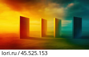 Surreal landscape with monoliths under a vibrant, colorful sky, AI. Стоковое AI-изображение, AI-художник Сергей Старуш / Фотобанк Лори