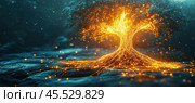 Glowing digital tree connecting with ground through intricate network. Стоковое AI-изображение, AI-художник Юрий Поздников / Фотобанк Лори