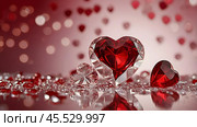 A banner for Valentine's Day. Crystal red hearts with festive lights in the form of a side in the background. A mock-up of an invitation card for a Valentine's Day party, a place to copy. Стоковое AI-изображение, AI-художник Photojuli / Фотобанк Лори