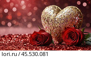 A banner for Valentine's Day. A red heart and roses with festive lights in the form of a side in the background. A mock-up of an invitation card for a Valentine's Day party, a place to copy. Стоковое AI-изображение, AI-художник Photojuli / Фотобанк Лори