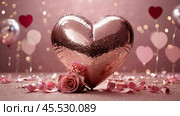 A banner for Valentine's Day. Pink heart and roses with festive lights on the sides in the background. A mock-up of an invitation card for a Valentine's Day party, a place to copy. Стоковое AI-изображение, AI-художник Photojuli / Фотобанк Лори