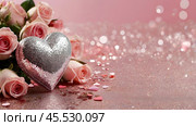 A banner for Valentine's Day. Pink heart and roses with festive lights on the sides in the background. A mock-up of an invitation card for a Valentine's Day party, a place to copy. Стоковое AI-изображение, AI-художник Photojuli / Фотобанк Лори