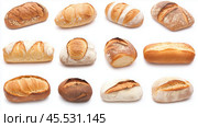 Various types of freshly baked bread arranged on a white background showcasing their unique shapes and crusts. Стоковое AI-изображение, AI-художник Сергей Толмачёв / Фотобанк Лори