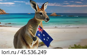 A kangaroo stands on a serene beach, holding the Australian flag, Australia Day concept. Pride of a nation with its iconic wildlife and stunning coastal landscape bathed in the light of dawn. Стоковое AI-видео, аниматор Ольга Сухарева / Фотобанк Лори