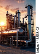 Petroleum industrial factory with pipeline and pipe rack at sunset sky background. Scenery of chemical gas and oil plant, poster. Industrialization and industry technology concept. Copy ad text space. Стоковое AI-изображение, AI-художник Aleksandr Golubev / Фотобанк Лори