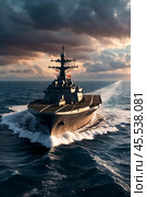 Modern military rocket cruiser warship sailing in open stormy sea at sunset cloudy sky, naval military control of sea. Protection of water state borders. Naval forces army concept. Copy ad text space. Стоковое AI-изображение, AI-художник Aleksandr Golubev / Фотобанк Лори