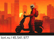 A courier on a scooter rides against the silhouettes of skyscrapers at a strong red sunset. Стоковое AI-изображение, AI-художник Ярославский Максим / Фотобанк Лори