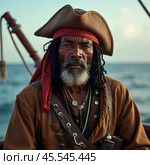 A seasoned pirate captain with long dreadlocks and a striking beard stares intently into the distance. Piracy is an activity committed by pirates, robbing ships on the seas, oceans. Generative AI. Стоковое AI-изображение, AI-художник Юлия Петровская / Фотобанк Лори