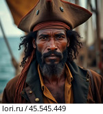 A seasoned pirate captain with long dreadlocks and a striking beard stares intently into the distance. Piracy is an activity committed by pirates, robbing ships on the seas, oceans. Generative AI. Стоковое AI-изображение, AI-художник Юлия Петровская / Фотобанк Лори