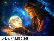Гадалка с картами Таро и магическим шаром. Стоковое AI-изображение, AI-художник Щеголева Ольга / Фотобанк Лори