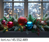 Christmas evening, New Year decor on the window. New Year festive atmosphere. New Year card. Стоковое AI-изображение, AI-художник Сергей Елизарьев / Фотобанк Лори