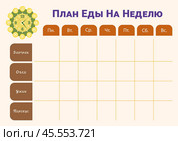 Шаблон еженедельного планера питания. Горизонтальный формат А4. Weekly meal planner template. Horizontal format A4. Стоковая иллюстрация, иллюстратор Ирина Щербакова / Фотобанк Лори