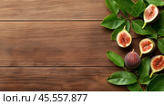 Fresh figs arranged on wooden surface with green leaves for healthy eating inspiration. Стоковое AI-изображение, AI-художник Сергей Толмачёв / Фотобанк Лори
