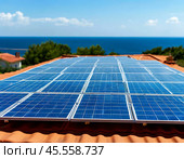 Solar monocrystalline battery on the roof of a private house in the countryside. Use of solar energy. Стоковое AI-изображение, AI-художник Сергей Елизарьев / Фотобанк Лори