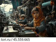 Яркое и эмоциональное изображение маленькой девочки в возрасте 8-12 лет, сидящей за швейной машинкой в мрачной швейной мастерской. Она одета в грязную одежду и поношенный головной платок, ее лицо покрыто грязью, что подчеркивает, насколько юной она выглядит после тяжелого труда. Стоковое AI-изображение, AI-художник Ярославский Максим / Фотобанк Лори