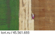 Top view of combine on harvest field. Стоковое видео, видеограф Михаил Коханчиков / Фотобанк Лори