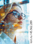 Businesswoman analyzing data flow using futuristic interface in augmented reality. Стоковое AI-изображение, AI-художник Юрий Поздников / Фотобанк Лори