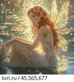 A beautiful fairy is sitting in a pond around a fabulous twinkle of lights. Стоковое AI-изображение, AI-художник Ирина Ручушкина / Фотобанк Лори