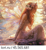 A beautiful fairy is sitting in a pond around a fabulous twinkle of lights. Стоковое AI-изображение, AI-художник Ирина Ручушкина / Фотобанк Лори