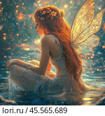 A beautiful fairy is sitting in a pond around a fabulous twinkle of lights. Стоковое AI-изображение, AI-художник Ирина Ручушкина / Фотобанк Лори