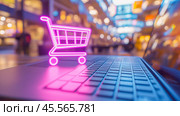 Online shopping theme with people working together with laptop computers, themes of online shopping and technology. Стоковое AI-изображение, AI-художник Ирина Ручушкина / Фотобанк Лори