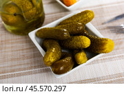 Pickled cucumbers on a ceramic plate. Стоковое фото, фотограф Яков Филимонов / Фотобанк Лори