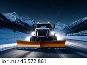 Special equipment snowplow clearing snow from road, snow-covered mountains, starry night. Snow plow tractor clears snow on ski resort, nighttime. Safety winter rustic road concept. Copy ad text space. Стоковое AI-изображение, AI-художник Aleksandr Golubev / Фотобанк Лори
