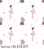 Ballet watercolor pattern. Little ballerina. Hand drawn seamless incredible girl dancer in pink tutu skirt with gramophone. Clip art on isolated white background of cute ballet beauty. Ideal for baby textiles. Стоковая иллюстрация, иллюстратор Татьяна Трущелева / Фотобанк Лори