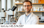 Research scientist in laboratory setting conducting experiments with advanced equipment during work hours. Стоковое AI-изображение, AI-художник Сергей Толмачёв / Фотобанк Лори