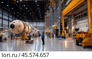 Spacecraft assembly underway in a large aerospace facility during daytime with engineers and machinery. Стоковое AI-изображение, AI-художник Сергей Толмачёв / Фотобанк Лори