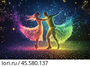 Couple dancing in a cosmic swirl of colors and light symbolizes love and connection in a dazzling universe. Стоковое AI-изображение, AI-художник Михаил Коханчиков / Фотобанк Лори