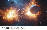 An epic space scene depicting a planet exploding in deep space. Fiery flashes, debris, and sparks create a dramatic atmosphere of destruction. In the foreground is a massive, textured planet, partially illuminated by the light of the explosion. In the background is a starry sky with myriad stars, galactic clouds, and distant planets adding depth and scale. This photograph conveys the dynamism and grandeur of cosmic phenomena, perfect for sci-fi projects, book covers, scientific research, and space disaster visualizations. Стоковое AI-изображение, AI-художник Анна Кривицкая / Фотобанк Лори