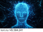 The digital illustration is a visualization of a human head created from a multitude of glowing blue lines and nodes, reminiscent of a neural network. The lines connect into complex patterns, symbolizing artificial intelligence, neurotechnology, and the connection between humans and the digital world. The deep dark background emphasizes the brightness of the glowing elements, creating an atmosphere of futurism and technology. This image is ideal for projects related to science, technology, artificial intelligence, the future, and digital innovation. Стоковое AI-изображение, AI-художник Анна Кривицкая / Фотобанк Лори