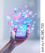 A Hand Gripping a Smartphone Displaying Various Social Media Icons Along with Notifications. Стоковое AI-изображение, AI-художник Андрей Бажанов / Фотобанк Лори