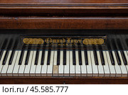 Close-up of an antique piano from Edmund Luner, Wien, featuring an aged keyboard with wooden details and ornate gold labeling. The instrument showcases vintage craftsmanship and musical heritage. Стоковое фото, фотограф KOSIM / Фотобанк Лори