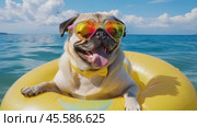 Pug in sunglasses swimming in an inflatable ring on the sea. Стоковое AI-видео, аниматор Виктория Кольцова / Фотобанк Лори