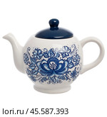 Blue ceramic teapot, isolated on white background. Стоковое фото, фотограф Андрей Аркуша / Фотобанк Лори