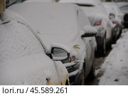 Snow-covered cars on the city street. The first snow fell unexpectedly. Стоковое фото, фотограф Ярославский Максим / Фотобанк Лори
