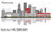 Portland Oregon City Skyline with Gray Buildings and Reflections Isolated on White. Стоковая иллюстрация, иллюстратор Игорь Сорокин / Фотобанк Лори
