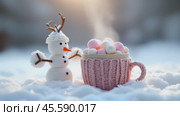 Снеговик рядом с кружкой с какао и зефиром. Стоковое AI-видео, аниматор Виктория Кольцова / Фотобанк Лори
