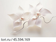 A quilling artwork of a elegant paper orchid with graceful curves and a soft, velvety texture on white background. Стоковое AI-изображение, AI-художник Михаил Строгалев / Фотобанк Лори