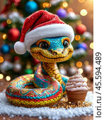 A cute snake, the symbol of 2025 according to the Eastern calendar, and ice cream. The snake symbolizes wisdom, vitality, immortality and healing powers. Festive atmosphere of the New Year. Стоковое AI-изображение, AI-художник Сергей Елизарьев / Фотобанк Лори