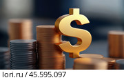 Golden dollar sign with stacks of coins symbolizes financial growth and prosperity, AI. Стоковое AI-изображение, AI-художник Сергей Старуш / Фотобанк Лори