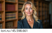 Attractive female lawyer in professional attire smiling, confident legal professional in law office, successful businesswoman, corporate attorney, stylish career-oriented woman in workplace. Стоковое AI-изображение, AI-художник Павел Муравьев / Фотобанк Лори